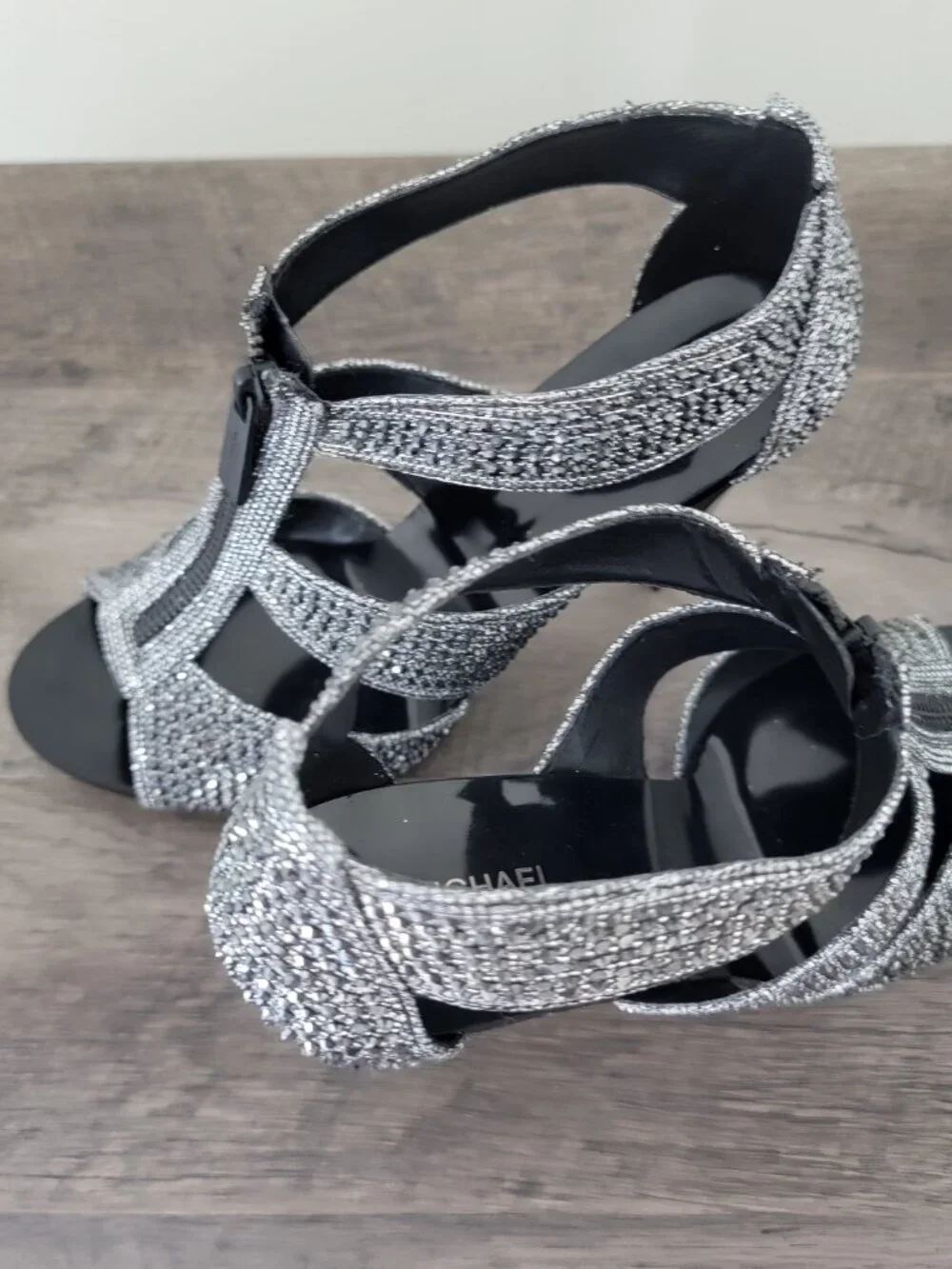 Michael Kors Berkley T-Strap Silver Glitter Rhinestone Caged Heels